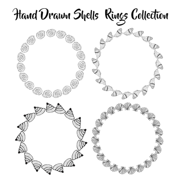  black and white hand drawn shells rings collection