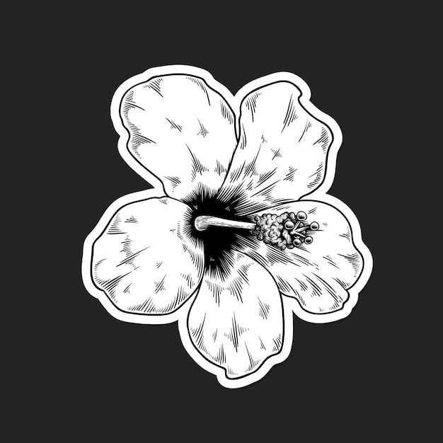 Black and white hibiscus flower sticker with a white border