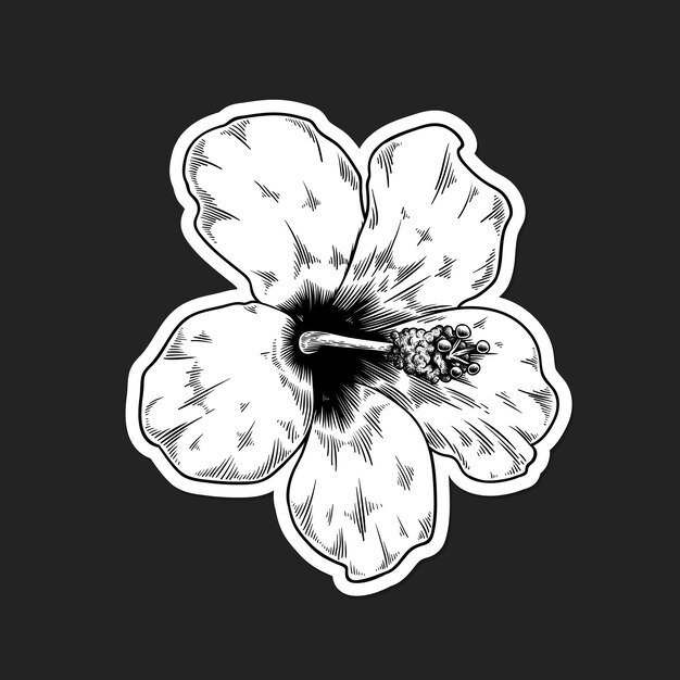 Black and white hibiscus flower sticker with a white border 