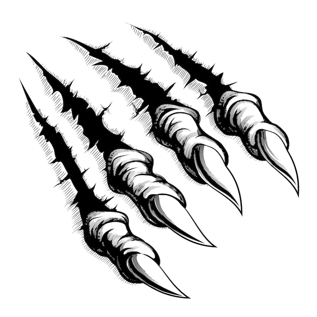 Black and white illustration of monster claws breaking through ripping tearing and scratching the wall.