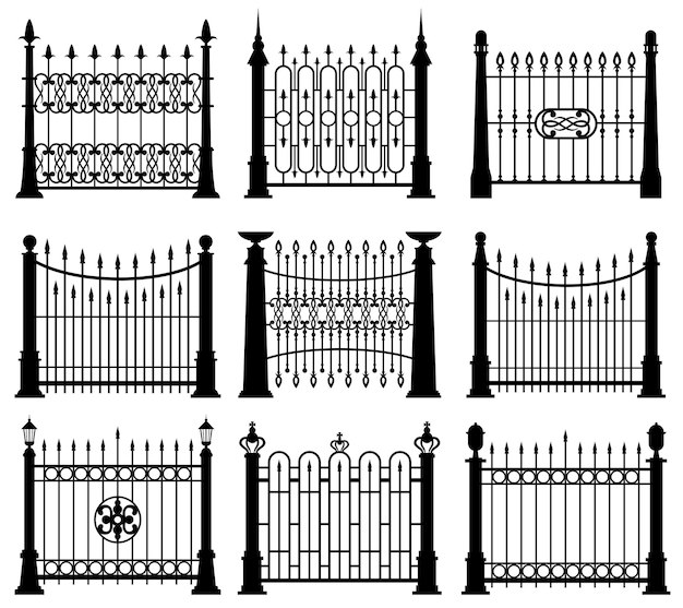 Free vector black and white iron gates and fences set