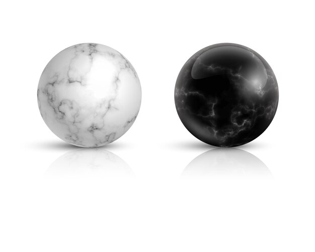 검은색과 흰색 대리석 공은 돌 패턴으로 3d 현실적인 구체를 설정합니다.