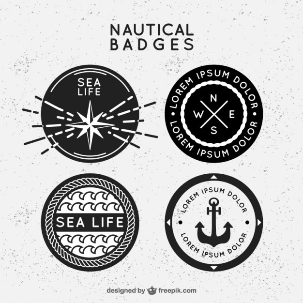 Vettore gratuito bianco e nero badge nautiche in design piatto