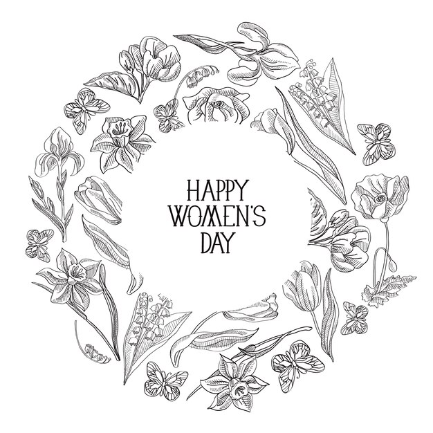 Black and white round frame sketch composition greeting card with many objects around the text about women's day decorated by the flowers vector illustration.