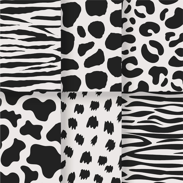 Free vector black and white set of animal seamless prints