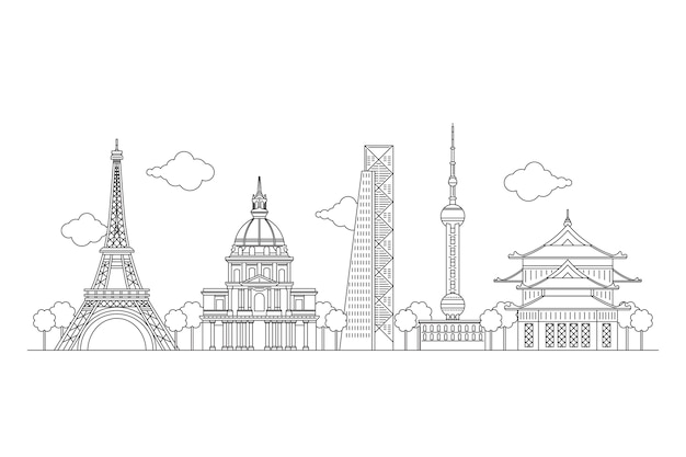 Free vector black and white sketches landmarks