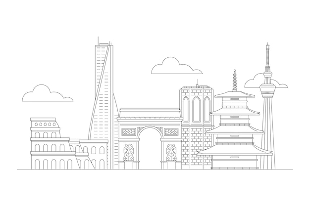 Free vector black and white sketches outline landmarks skyline