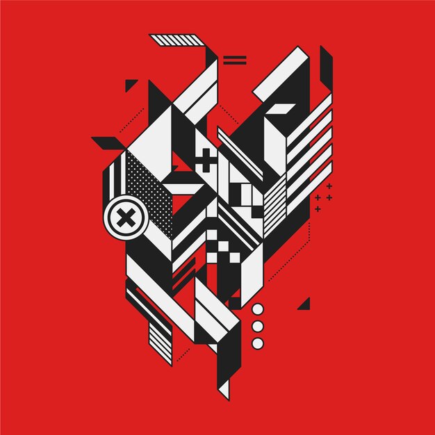 Black and white technical design on red background