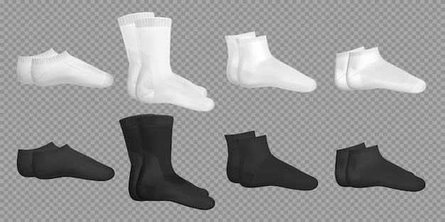 Black and white template examples of different casual socks types realistic set on transparent isolated