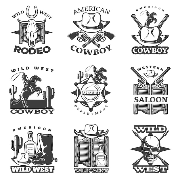 Black wild west emblem set with wild west rodeo American cowboy western saloon descriptions