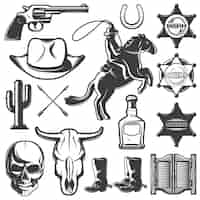 Free vector black wild west isolated icon set with cowboy and sheriff attributes and protagonist