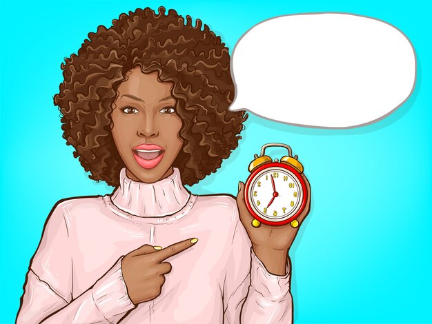 Black woman pointing by finger to alarm clock