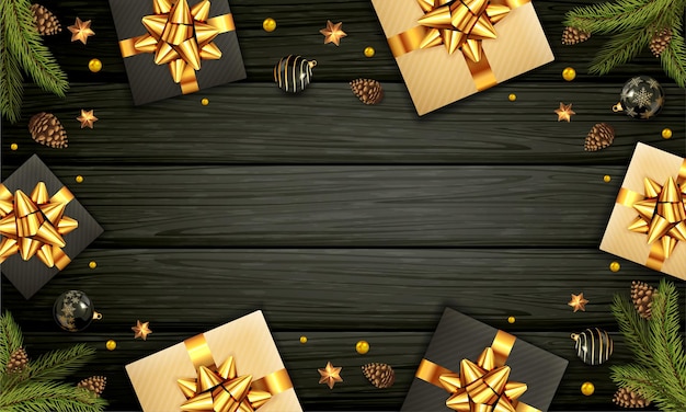 크리스마스 나무 가지, 소나무 콘, 공, 황금 활이 있는 크리스마스 선물, 빛나는 별이 있는 검은색 나무 배경. 그림은 크리스마스 디자인, 포스터, 카드, 웹 사이트 및 헤더에 사용할 수 있습니다.