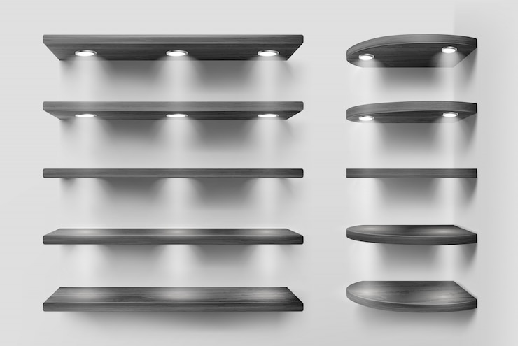 Free Vector black wooden shelves with lights, corner racks