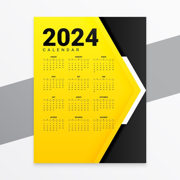 Vettore gratuito layout del calendario inglese 2024 nero e giallo per il vettore di cancelleria per ufficio