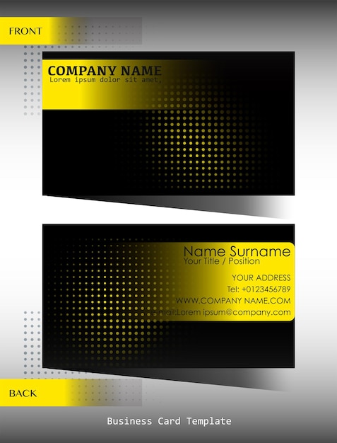 A black and yellow business card