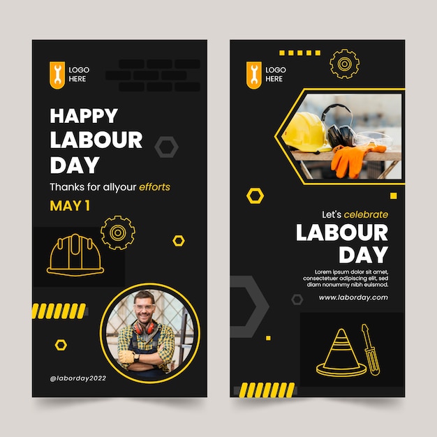 Vettore gratuito set di banner per la festa del lavoro felice nero e giallo