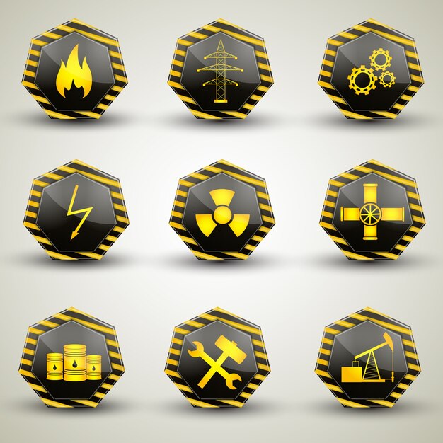 Black and yellow industrial icons set with various warning signs isolated on grey background