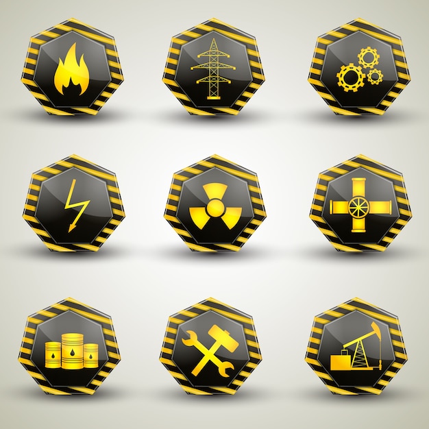 회색 배경에 고립 된 다양 한 경고 표시 설정 검정색과 노란색 산업 아이콘