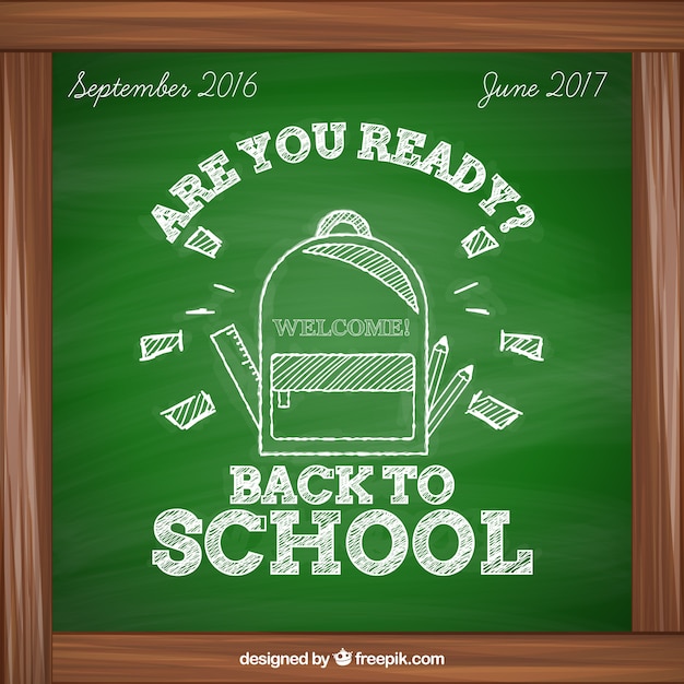 Free vector blackboard background with backpack doodle