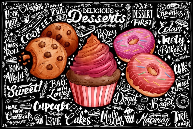 Free vector blackboard background with desserts