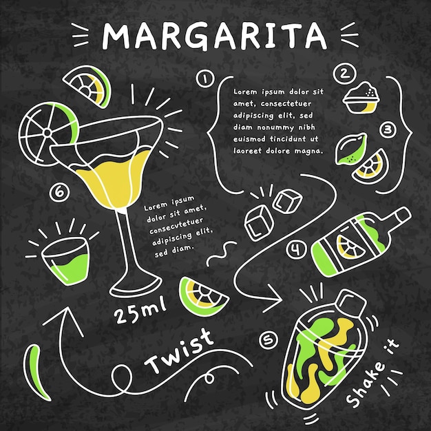 Vettore gratuito ricetta cocktail margarita lavagna