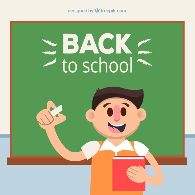 Blackboard and smiley boy with book and chalk