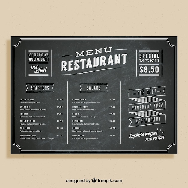 Vettore gratuito modello di menu stile lavagna per un ristorante