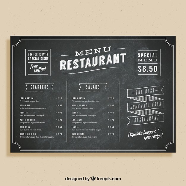 Blackboard style menu template for a restaurant