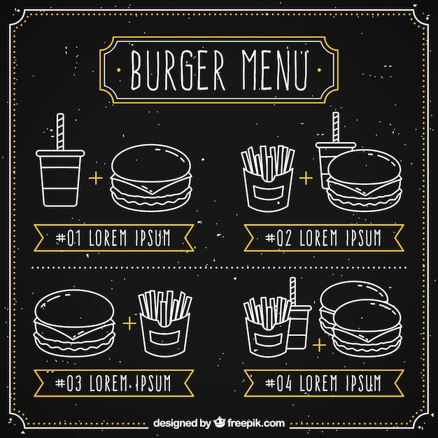 Blackboard with four burger menus