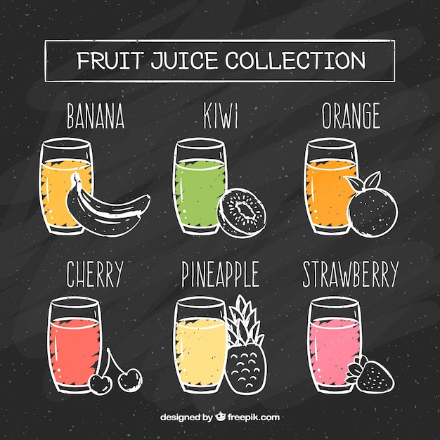 Free vector blackboard with seis different fruit juices