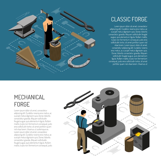 Free vector blacksmith in classic and mechanical forge isometric horizontal banners on white and blue  isolated