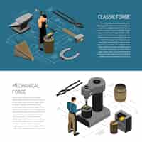 Free vector blacksmith in classic and mechanical forge isometric horizontal banners on white and blue  isolated