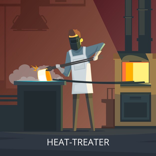 blacksmith heat treating steel on anvil retro cartoon poster of hardening