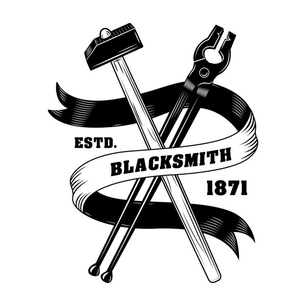 Blacksmiths instrument vector illustration. Crossed hammers, pliers, ribbon with text. Craft and metalwork concept for emblems or labels templates