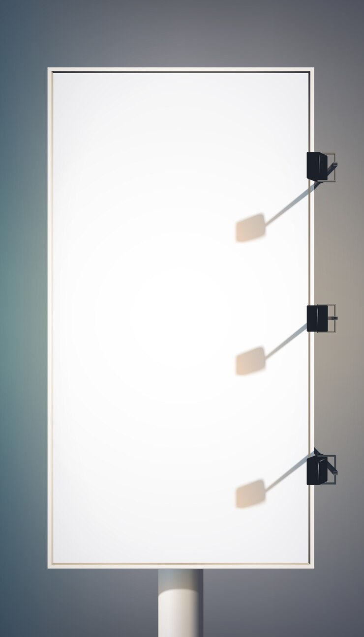 Free Vector blank advertising vertical billboard on column with spotlights and metallic frame isolated
