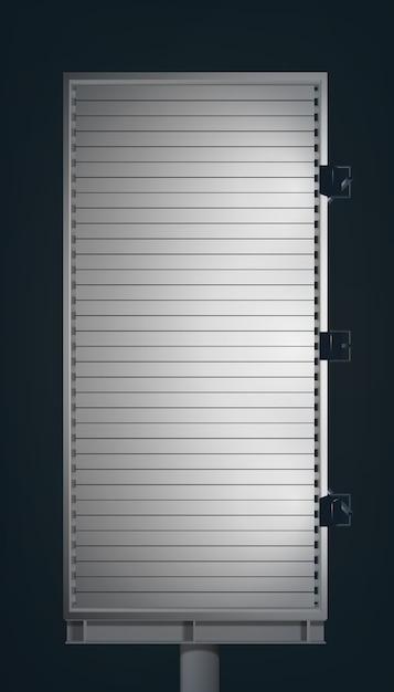 Бесплатное векторное изображение Пустой рекламный вертикальный рекламный щит на металлической колонне с проекторами на темном фоне изолированы