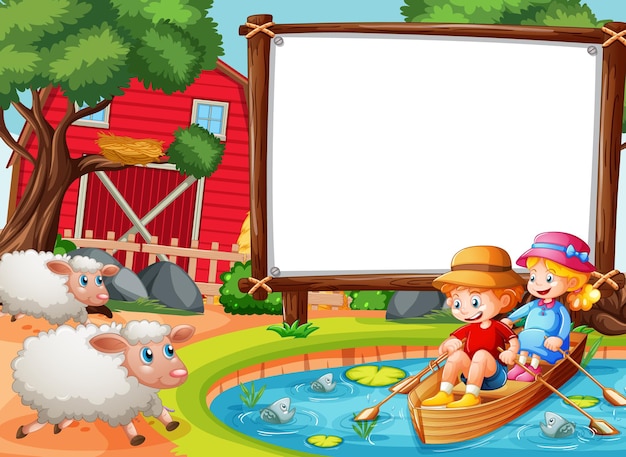 Blank banner in the forest scene with children row the boat