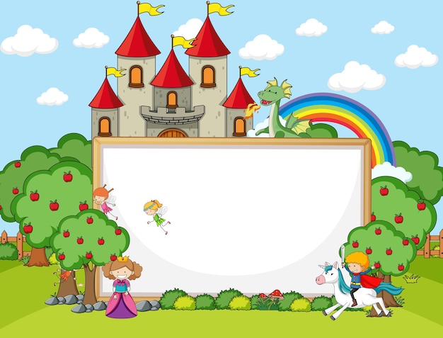 Free vector blank banner in the forest scene with fairy tales cartoon character and elements