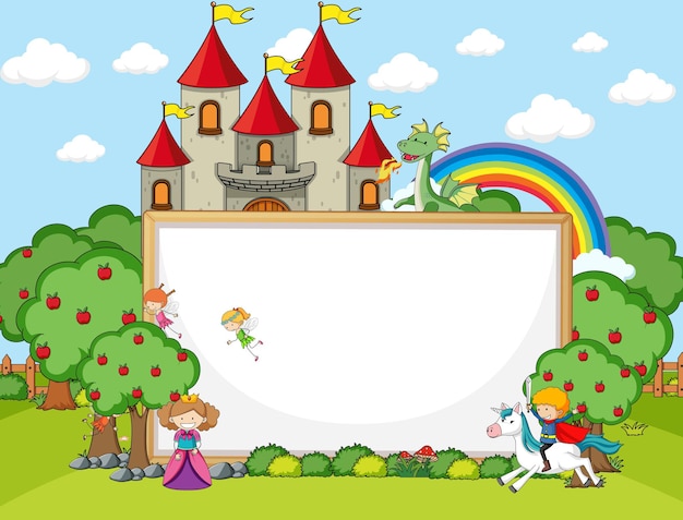 Banner vuoto nella scena della foresta con personaggi ed elementi dei cartoni animati di fiabe