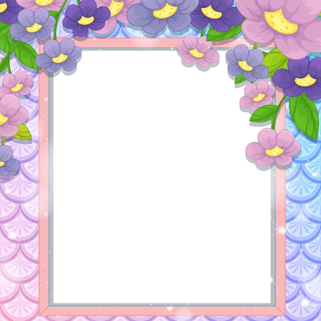 Blank banner frame on rainbow fish scales with many flowers