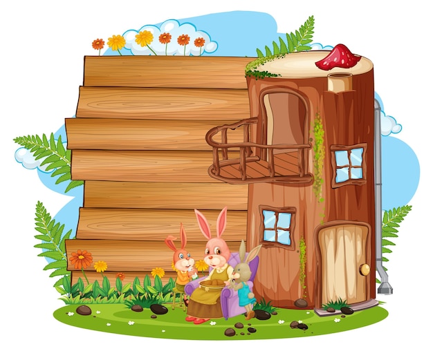 Blank banner in the garden with cute rabbits isolated