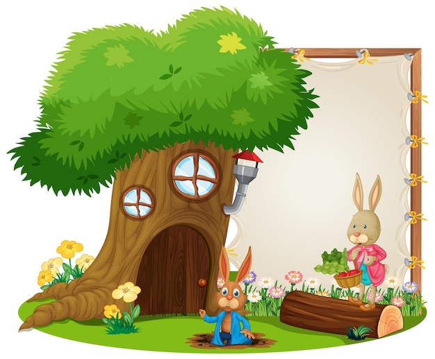 Free vector blank banner in the garden with cute rabbits isolated