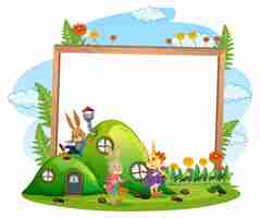 Free vector blank banner in the garden with rabbit family isolated