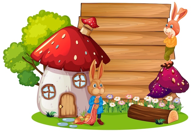 Free vector blank banner in the garden with two rabbits isolated