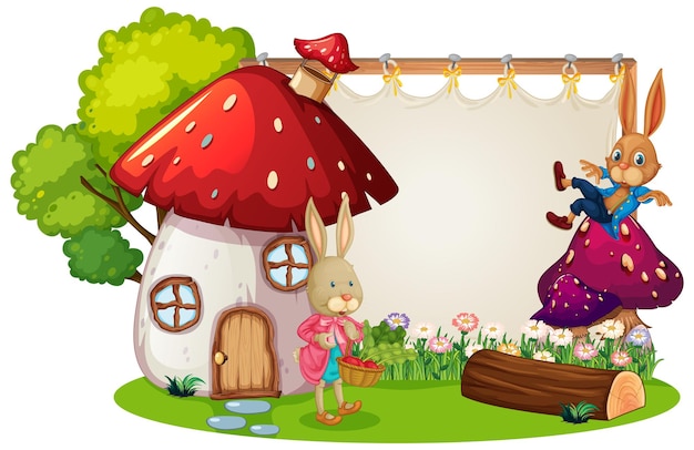 Free vector blank banner in the garden with two rabbits isolated