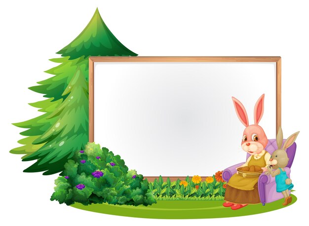 Пустой баннер в саду с двумя изолированными кроликами
