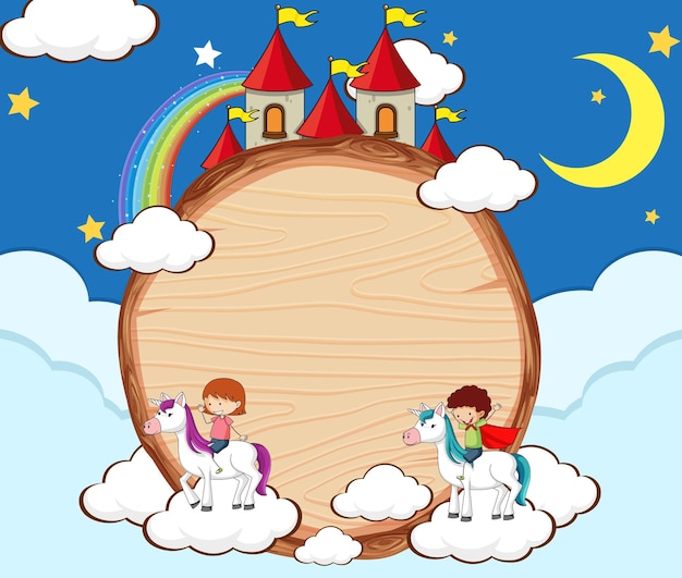 Blank banner in the night sky with fairy tales cartoon character and elements