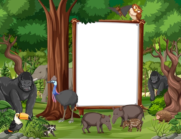 Blank banner in the rainforest scene with wild animals