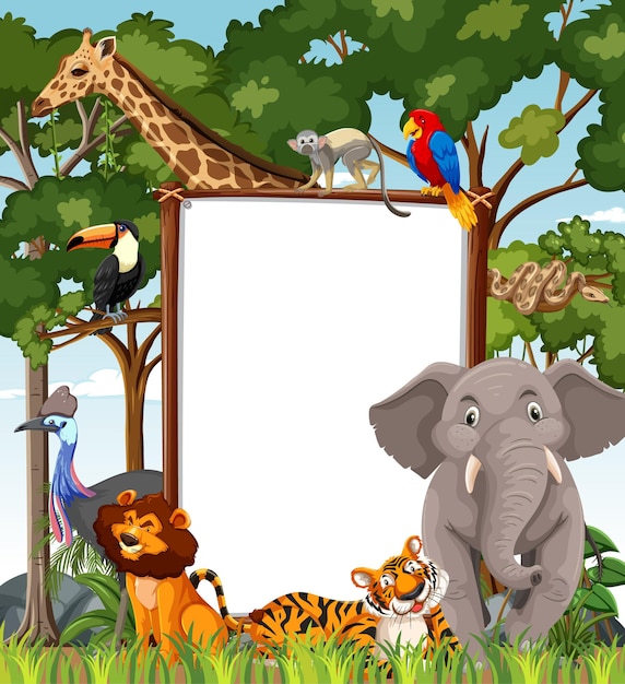 Blank banner in the rainforest scene with wild animals